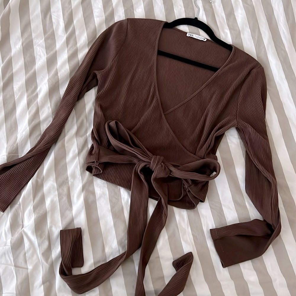 Zara Brown Side Tie Ribbed Shirt